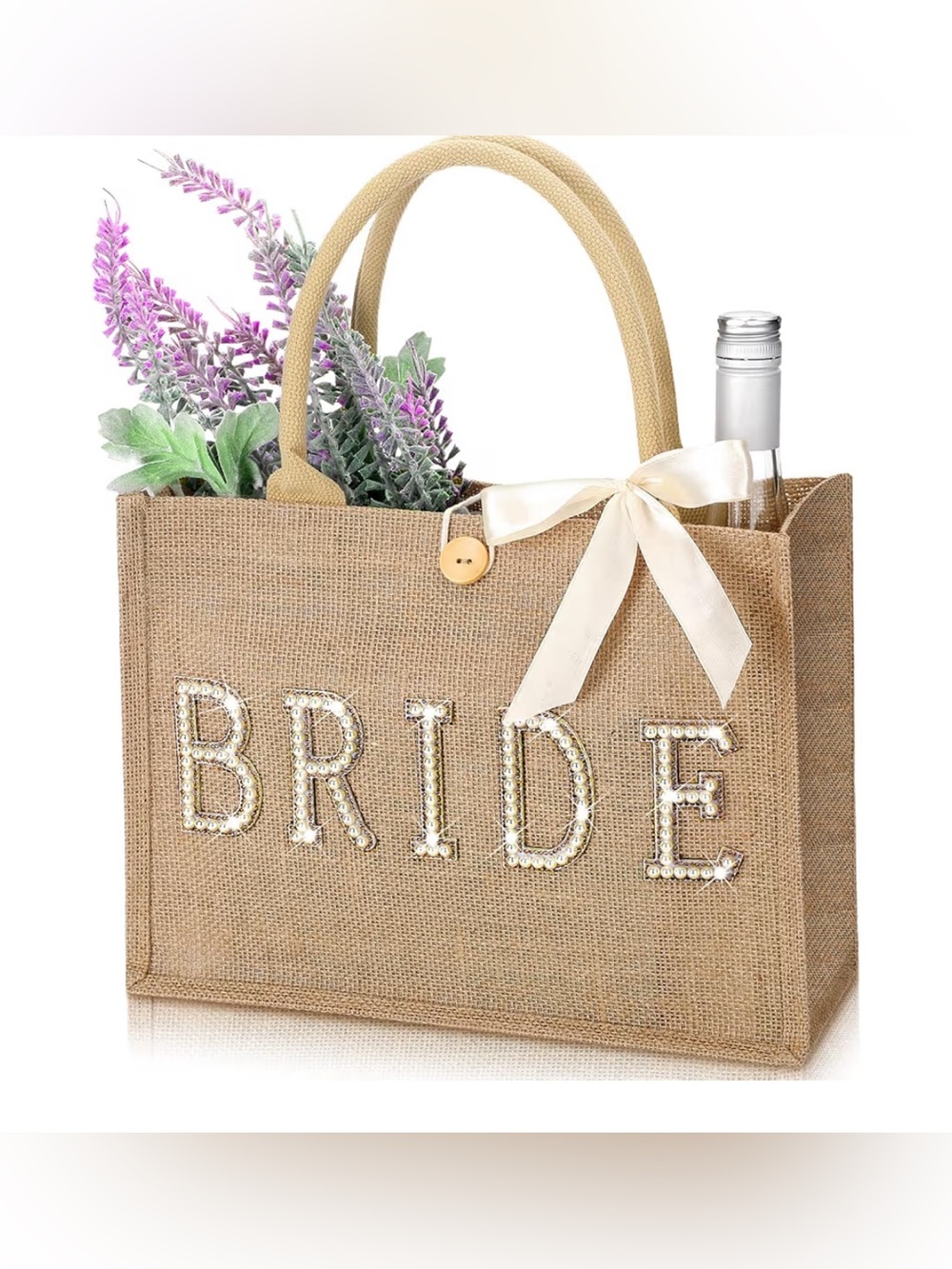 NWOT Bride Jute Tote Bag Pearl Embellishment Gold trim - Natural color straw